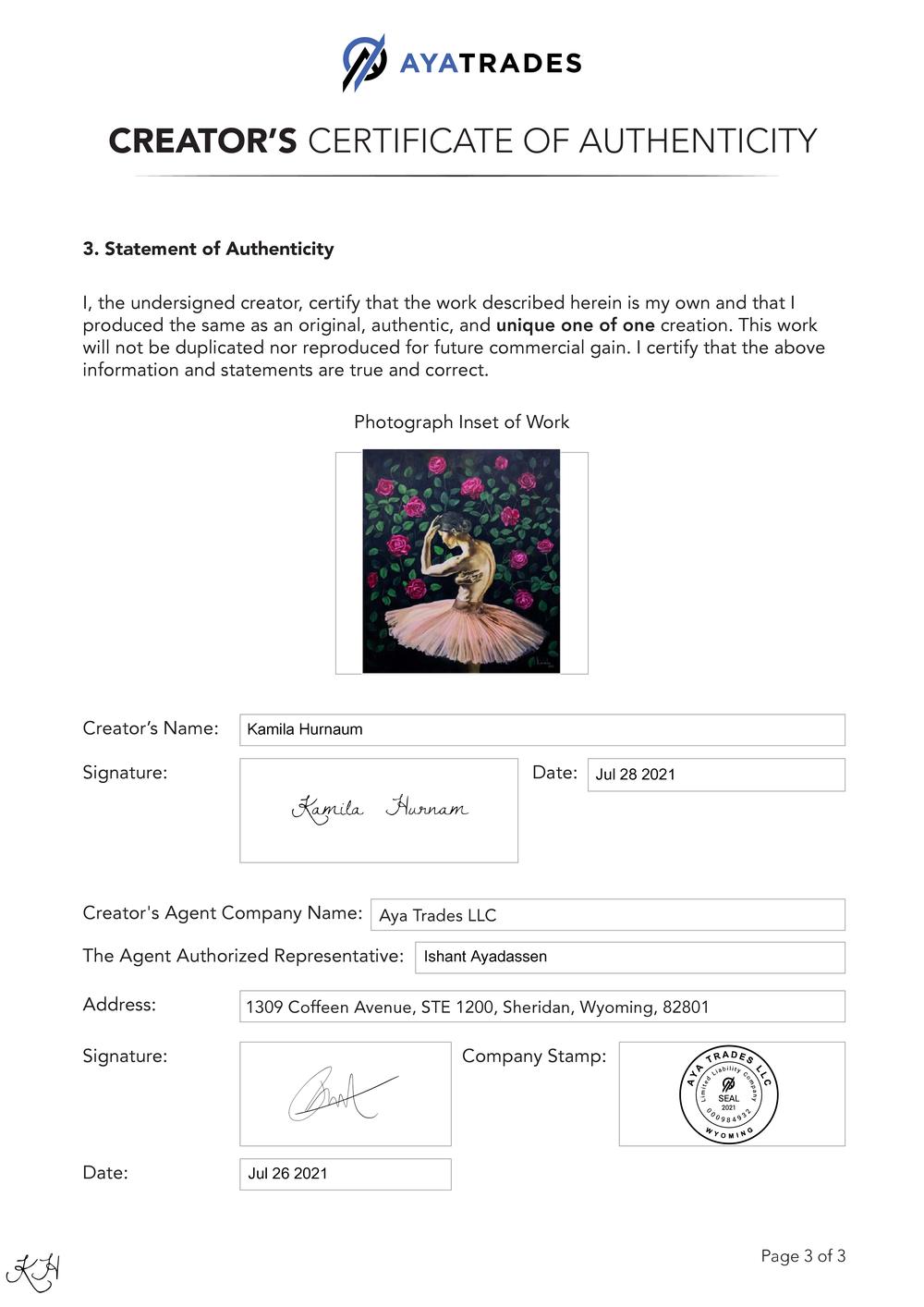 Certificate of Authenticity and Consignment Bloom