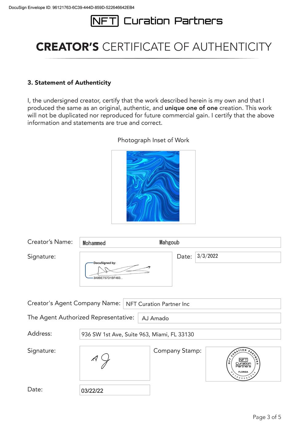 Certificate of Authenticity and Consignment - Blue - Mohammed