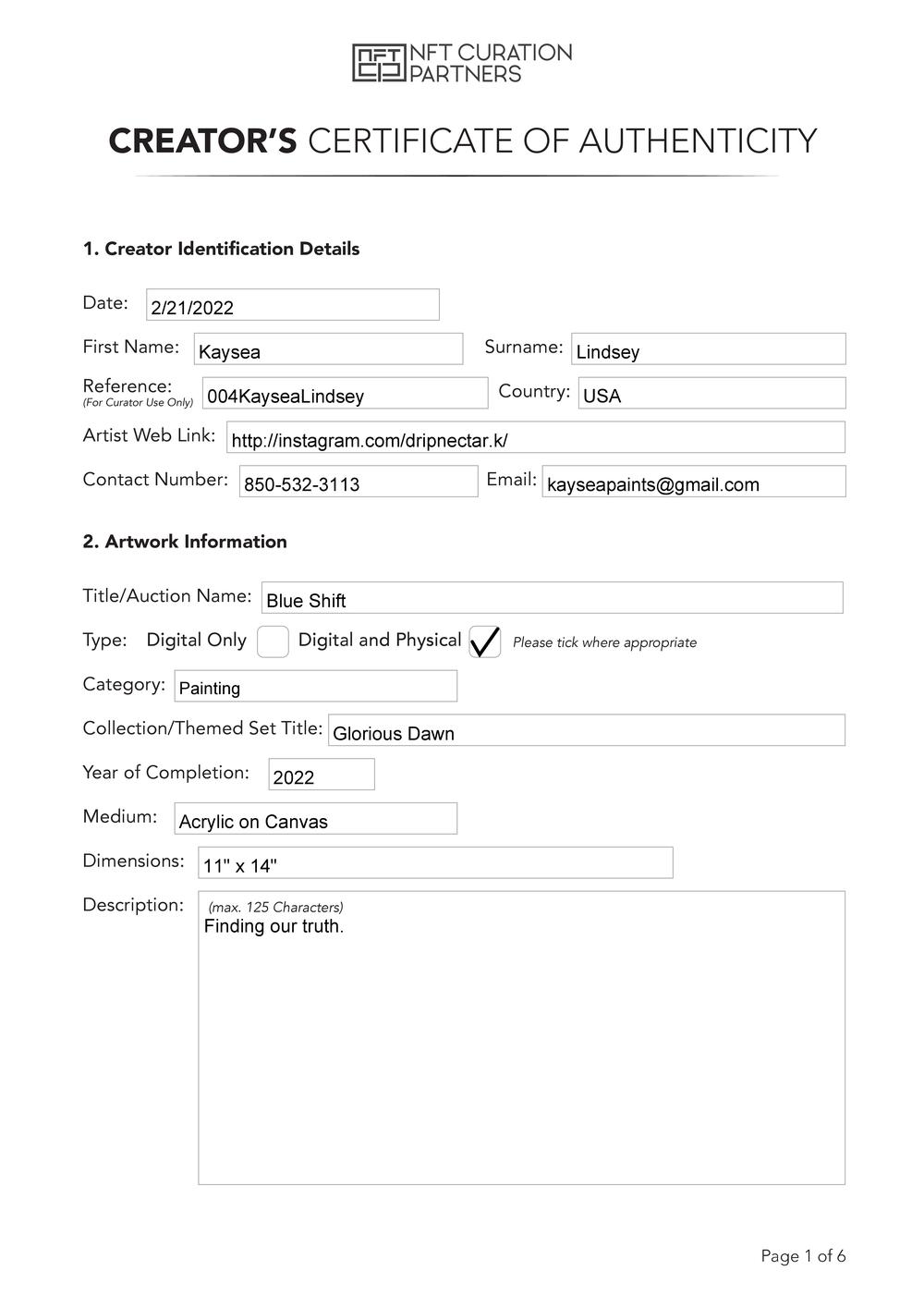 Certificate of Authenticity and Consignment - Blue Shift