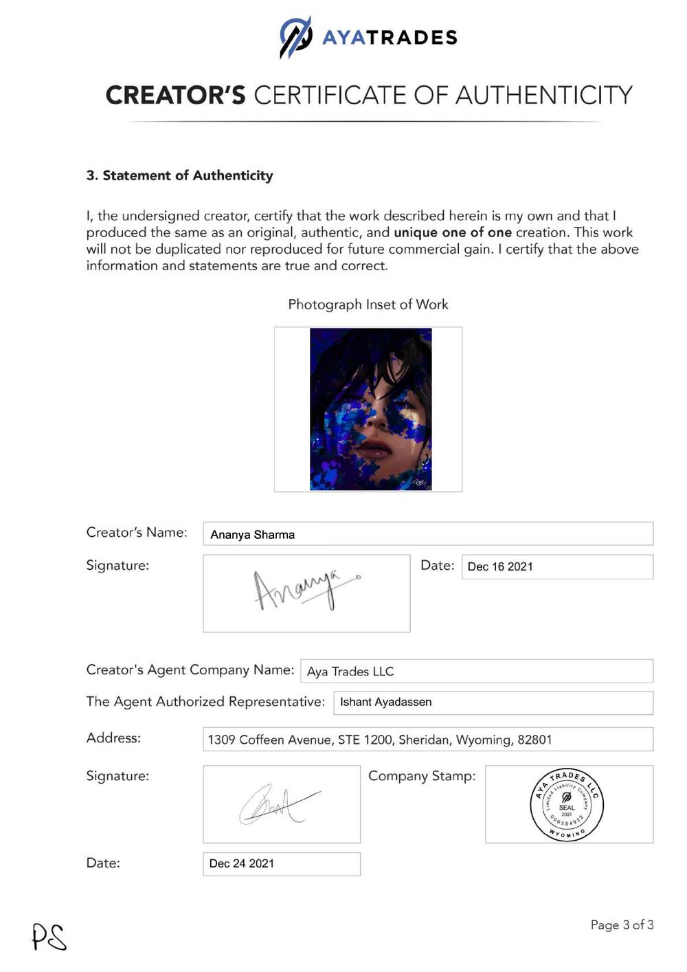 Certificate of Authenticity and Consignment - Blue