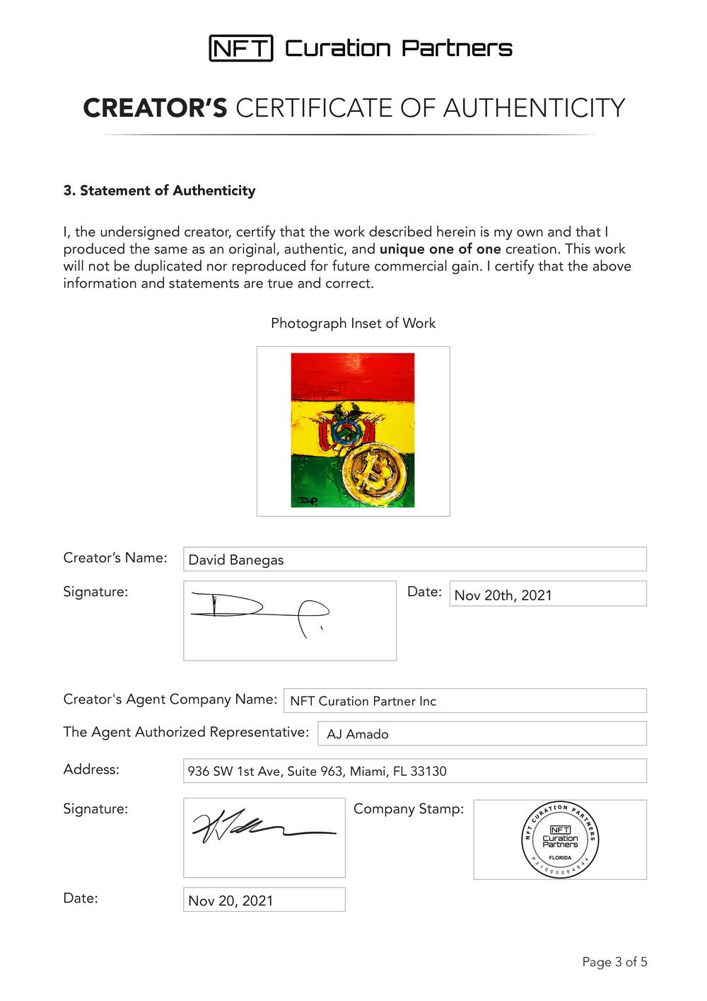 Certificate of Authenticity and Consignment - Bolivia Bitcoin