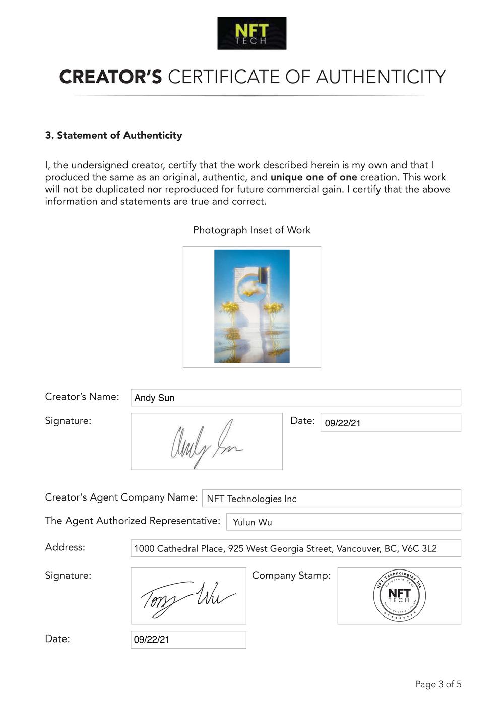 Certificate of Authenticity and Consignment - Born In Lust