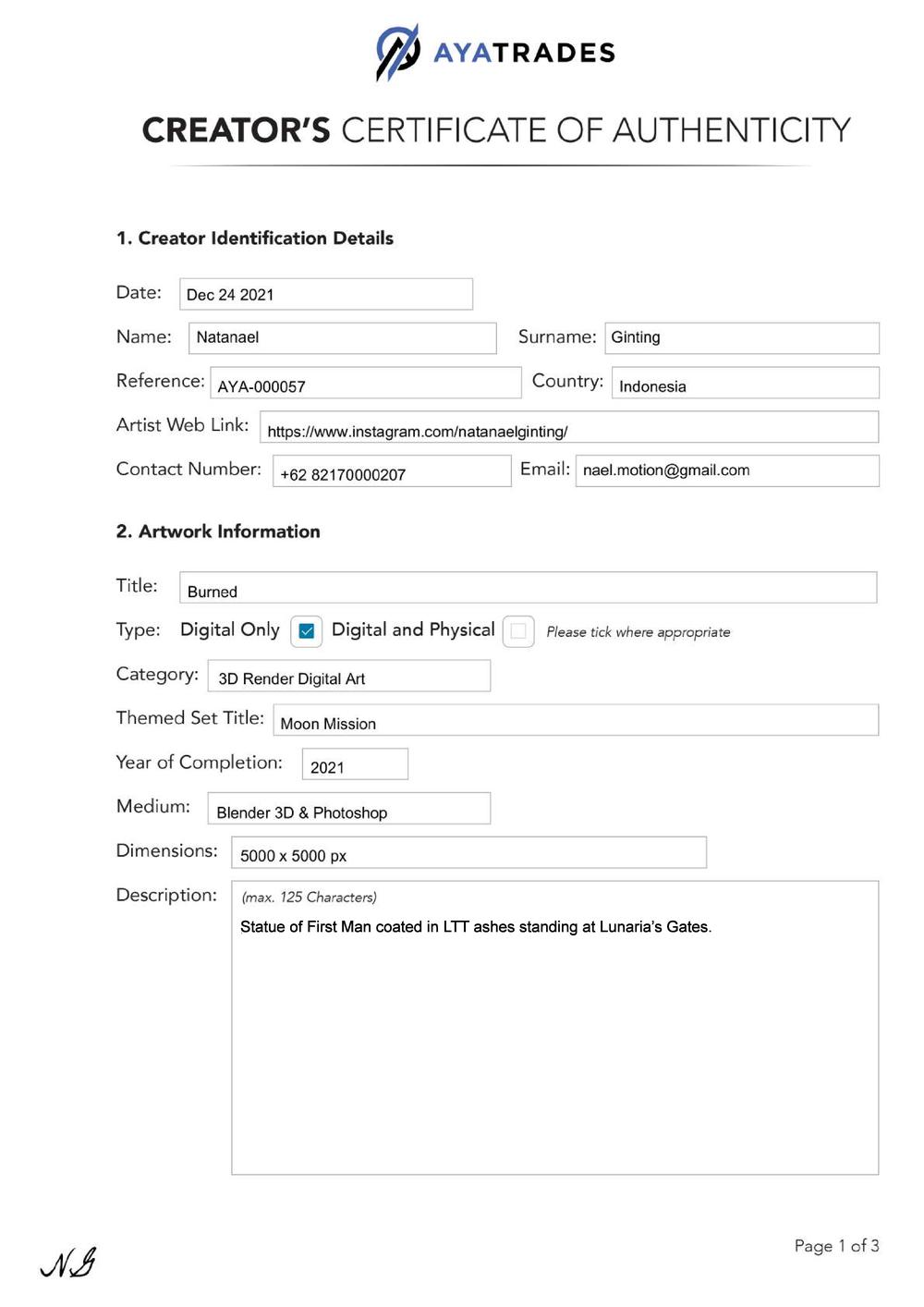 Certificate of Authenticity and Consignment - Burned