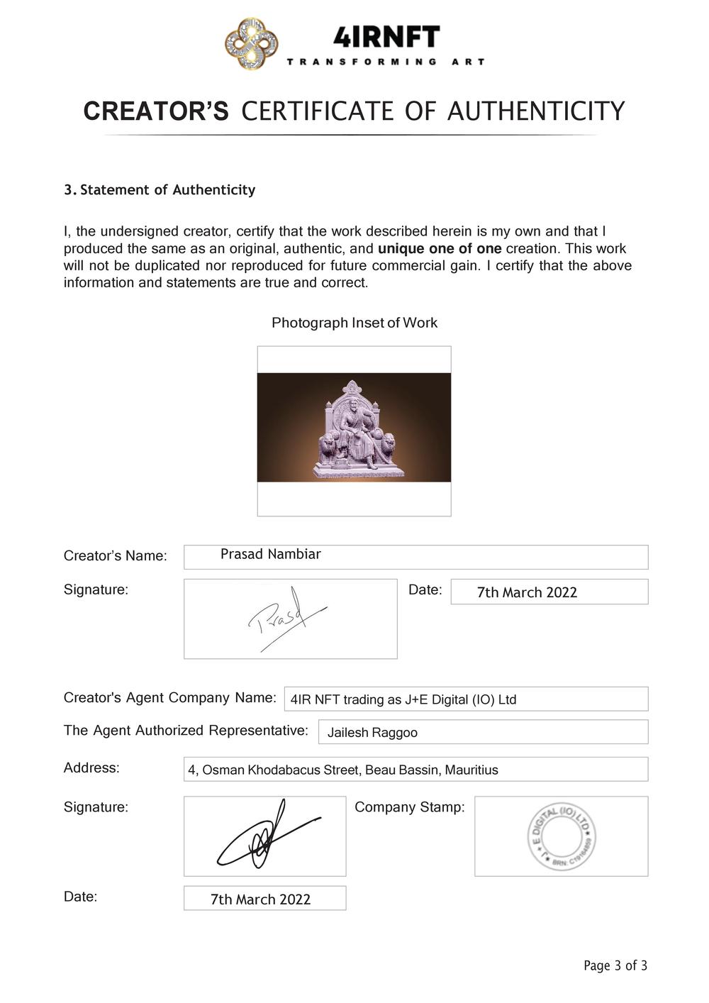 Certificate of Authenticity and Consignment - Chhatrapati Shivaji Maharaj