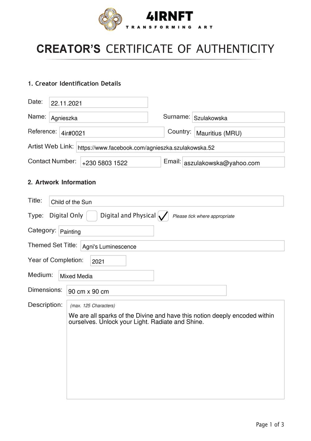 Certificate of Authenticity and Consignment - Child of the Sun