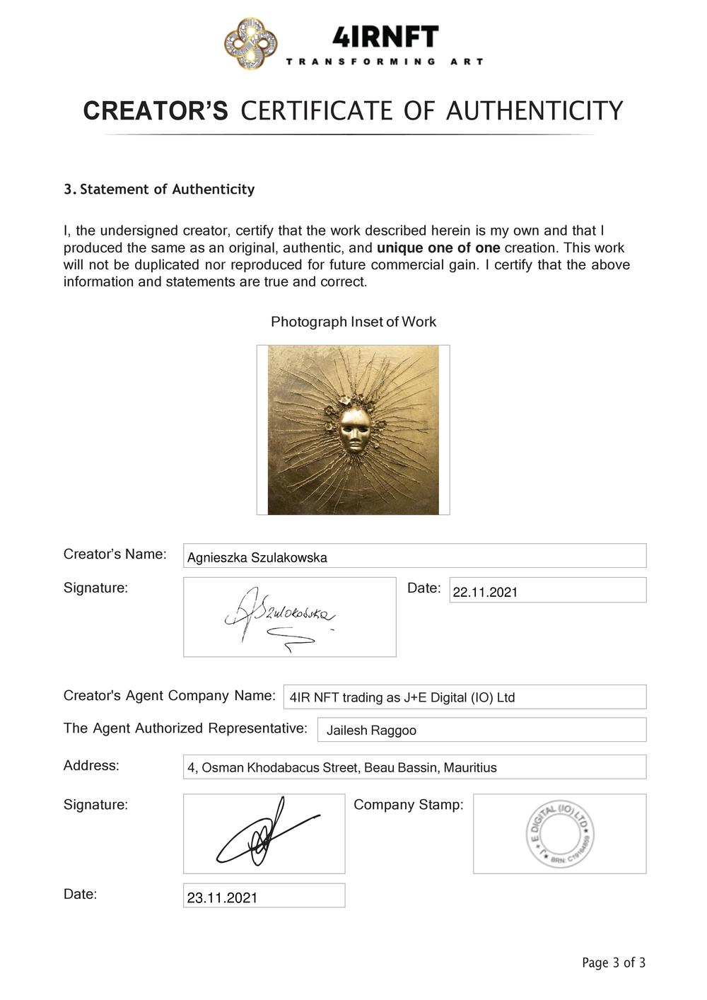 Certificate of Authenticity and Consignment - Child of the Sun