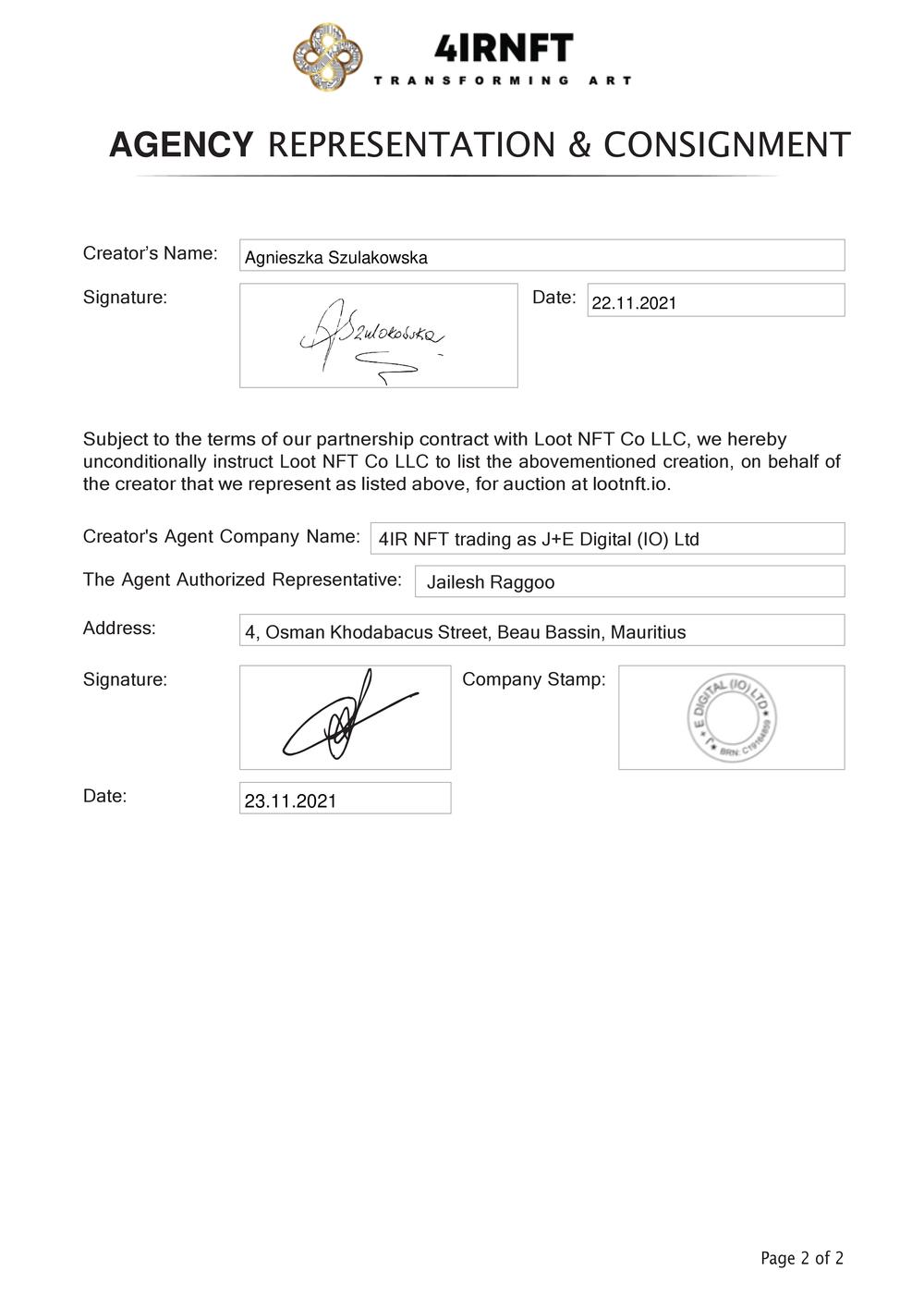 Certificate of Authenticity and Consignment - Child of the Sun