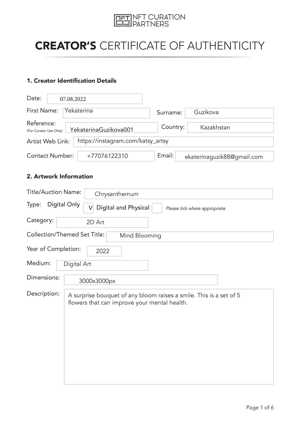 Certificate of Authenticity and Consignment - Chrysanthemum