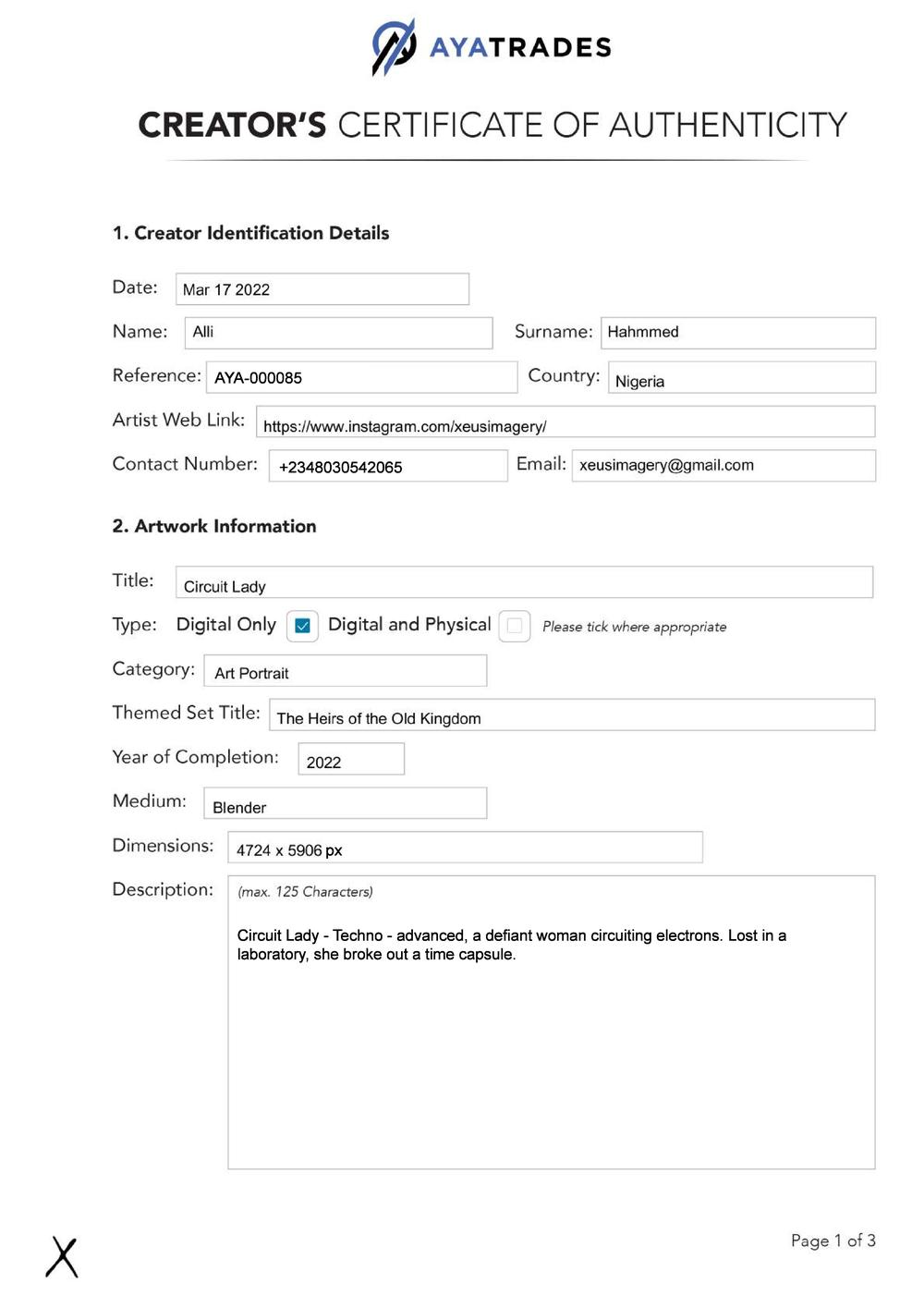 Certificate of Authenticity and Consignment - Circuit Lady