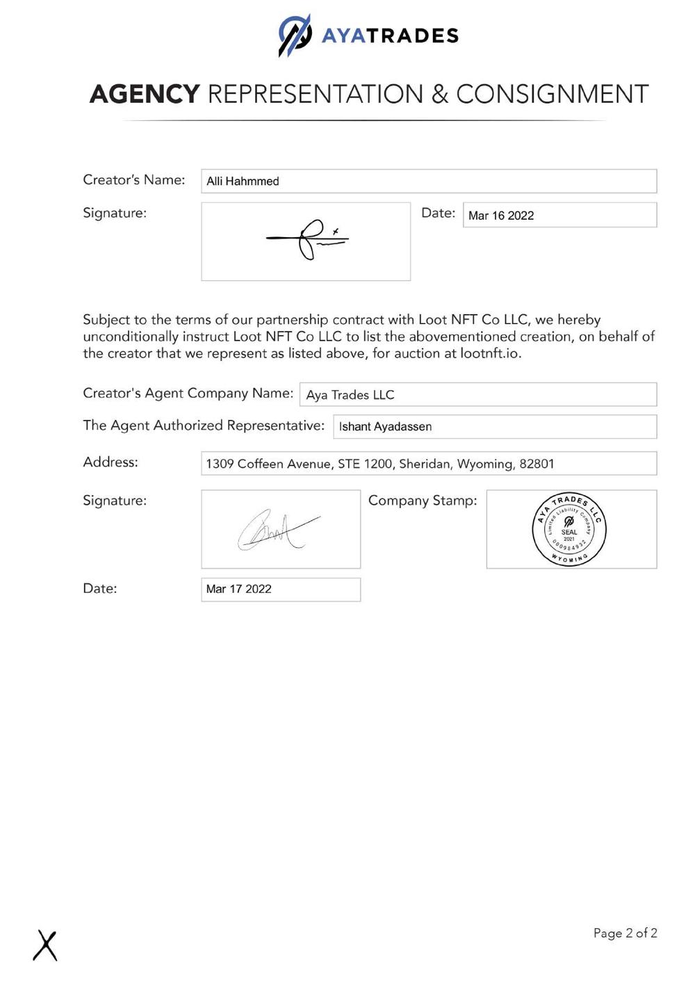 Certificate of Authenticity and Consignment - Circuit Lady