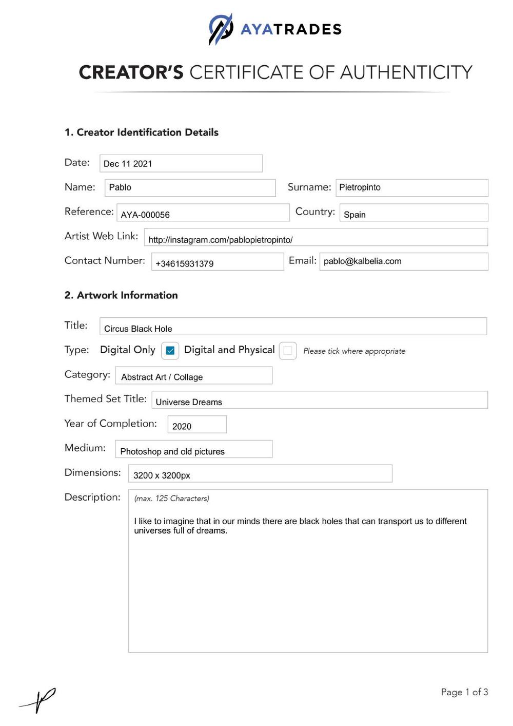 Certificate of Authenticity and Consignment - Circus Black Hole