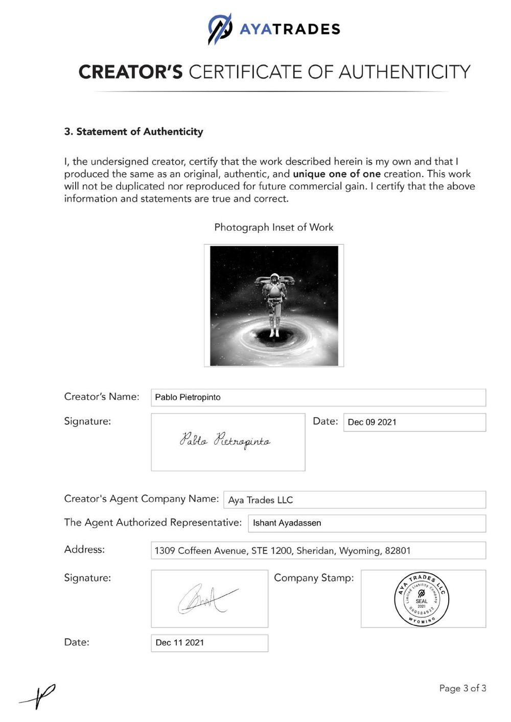 Certificate of Authenticity and Consignment - Circus Black Hole