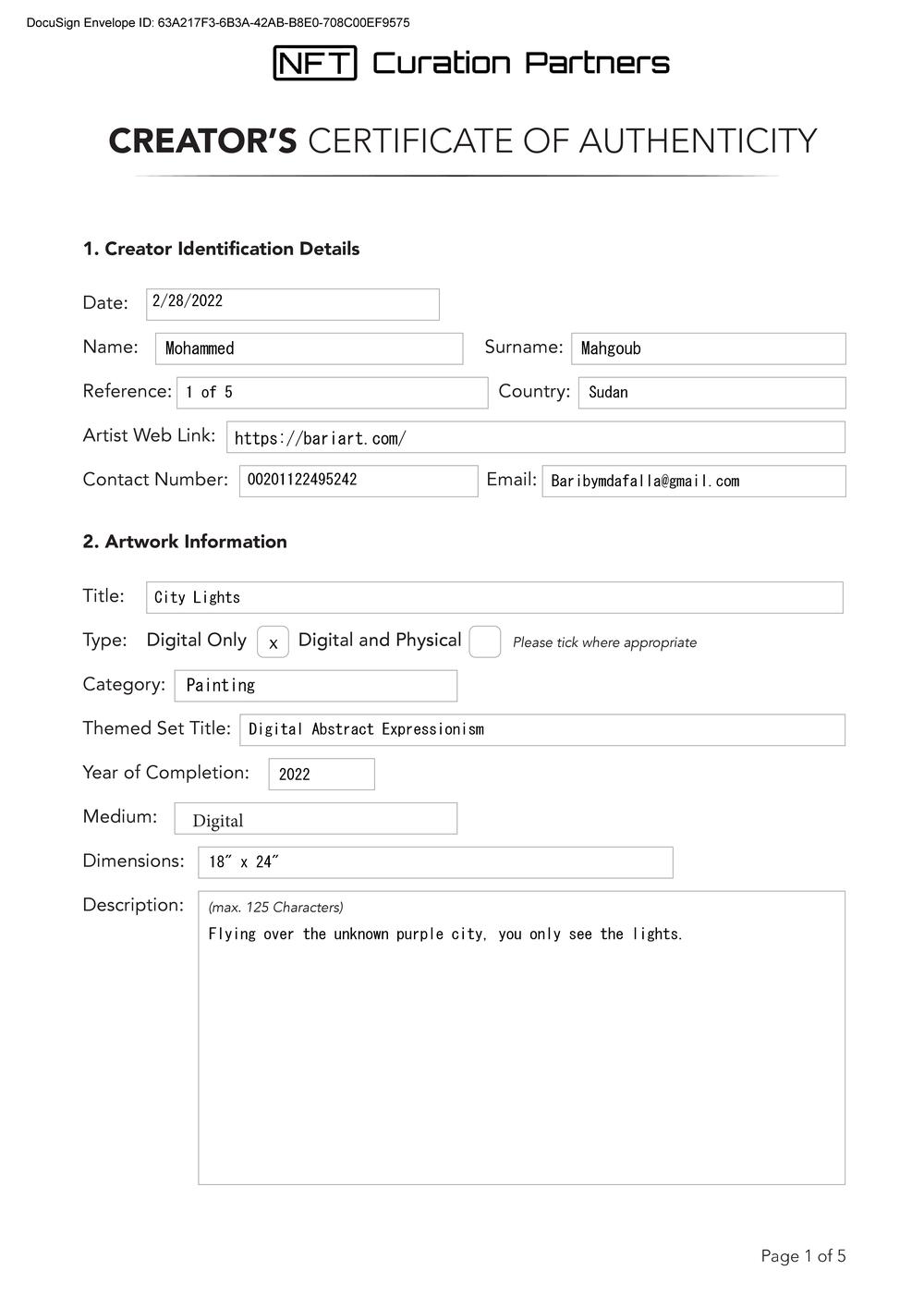 Certificate of Authenticity and Consignment - City Lights
