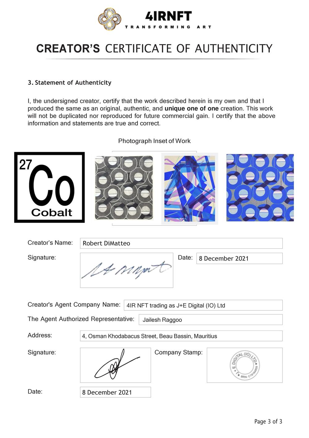 Certificate of Authenticity and Consignment - Cobalt
