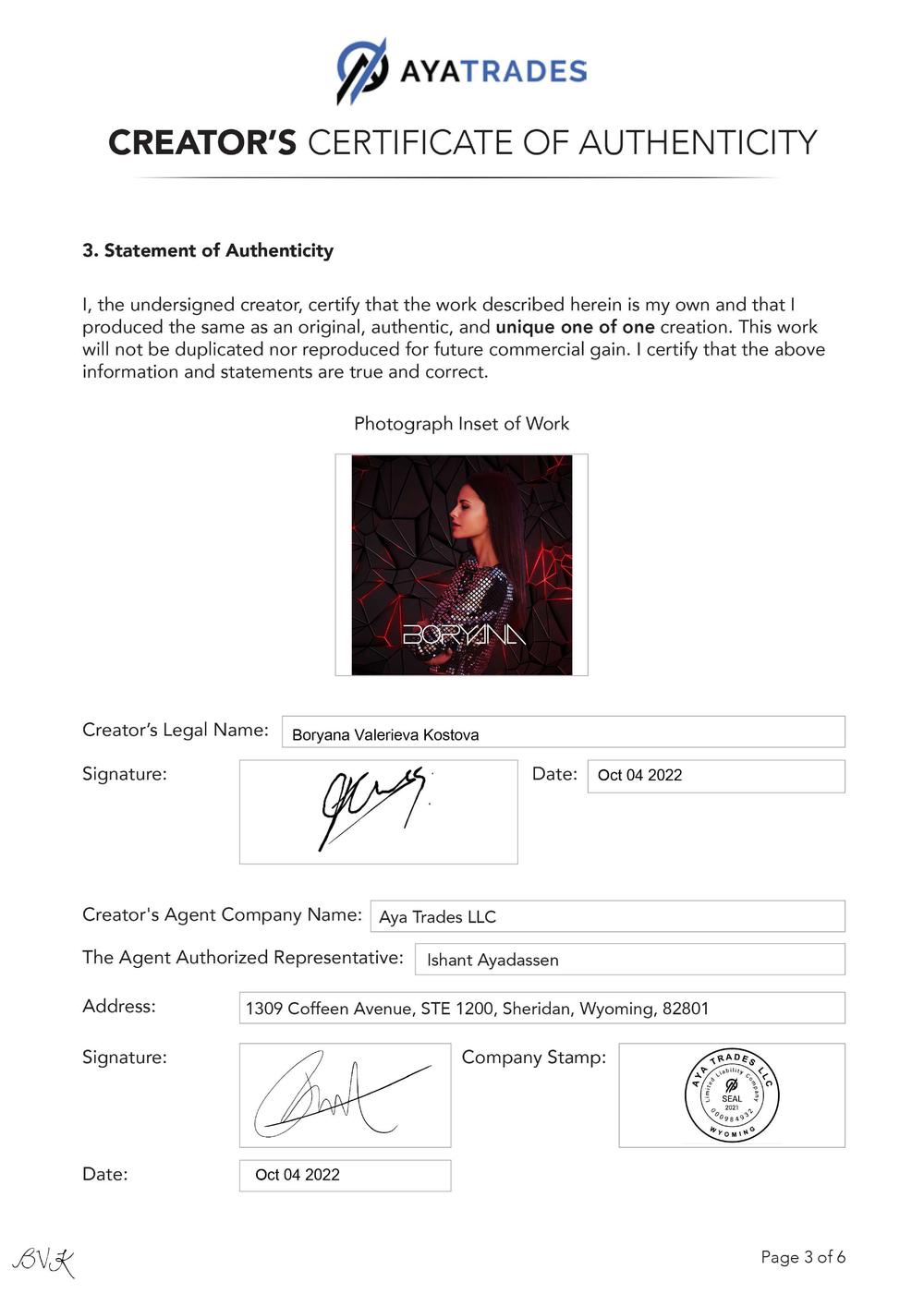 Certificate of Authenticity and Consignment - Cosmic Dust