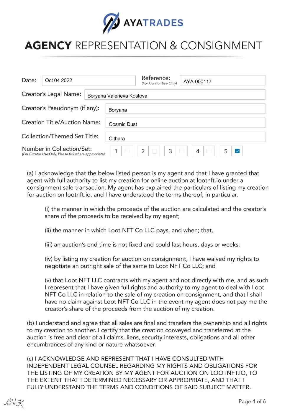 Certificate of Authenticity and Consignment - Cosmic Dust