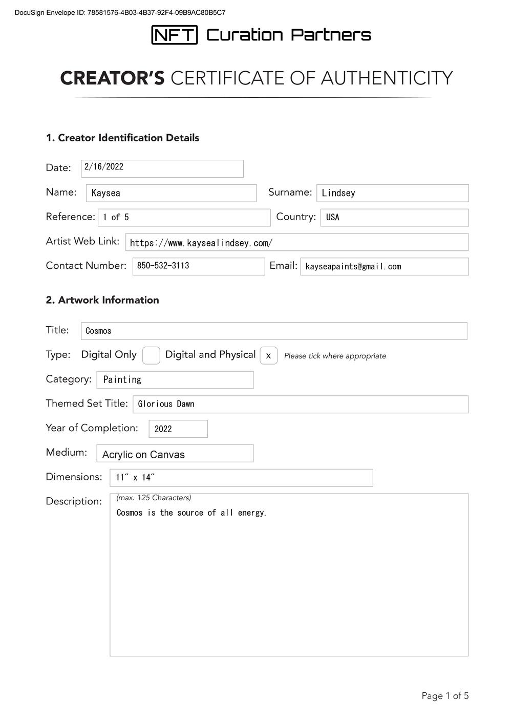 Certificate of Authenticity and Consignment - Cosmos