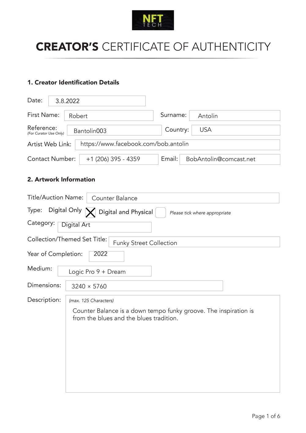 Certificate of Authenticity and Consignment - Counter Balance