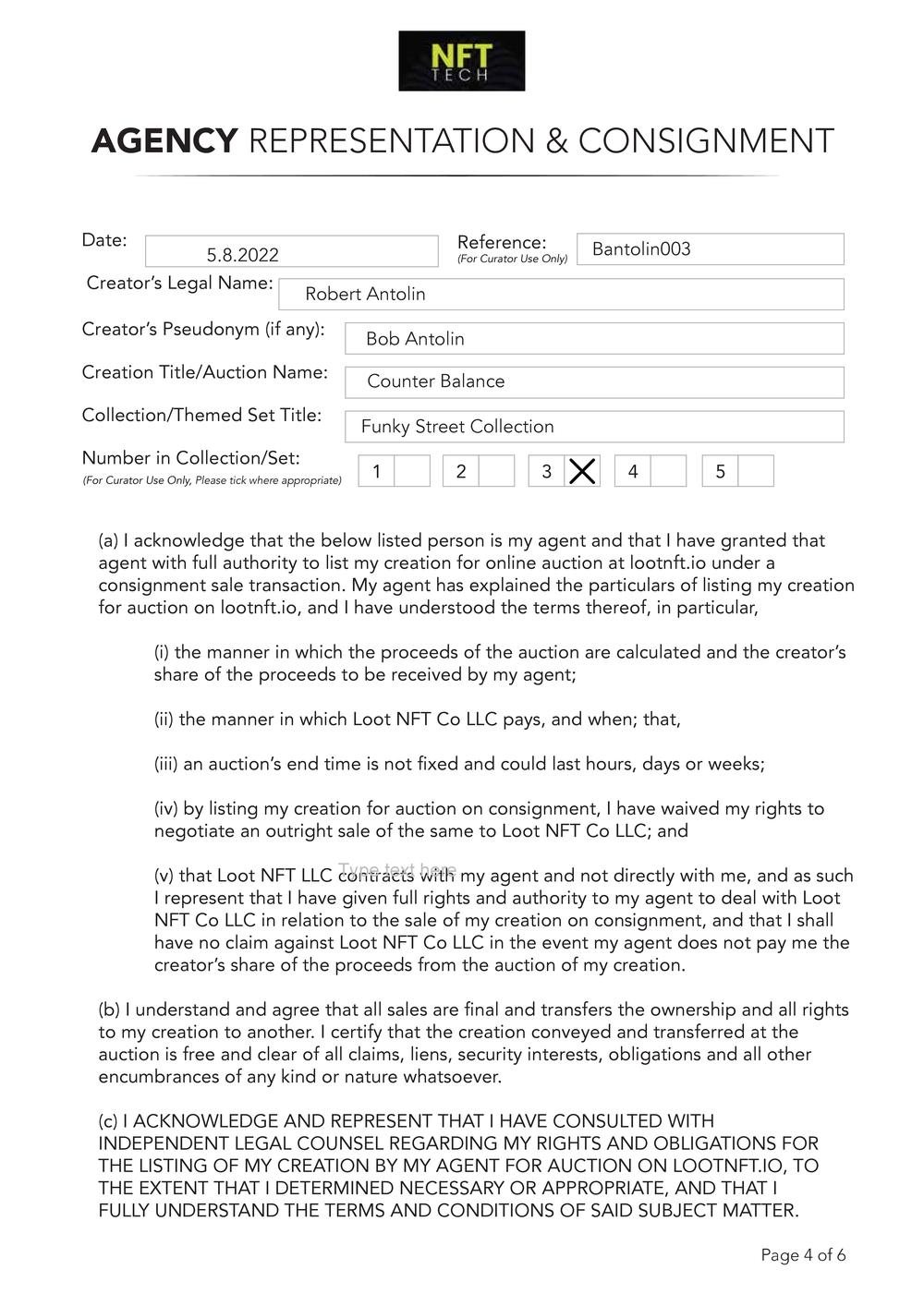 Certificate of Authenticity and Consignment - Counter Balance