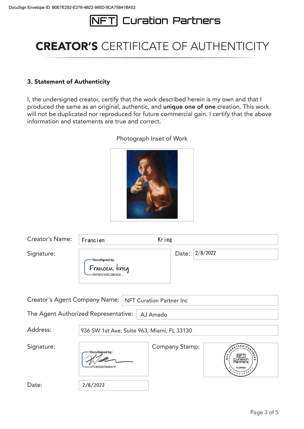 Certificate of Authenticity and Consignment - Curiosity