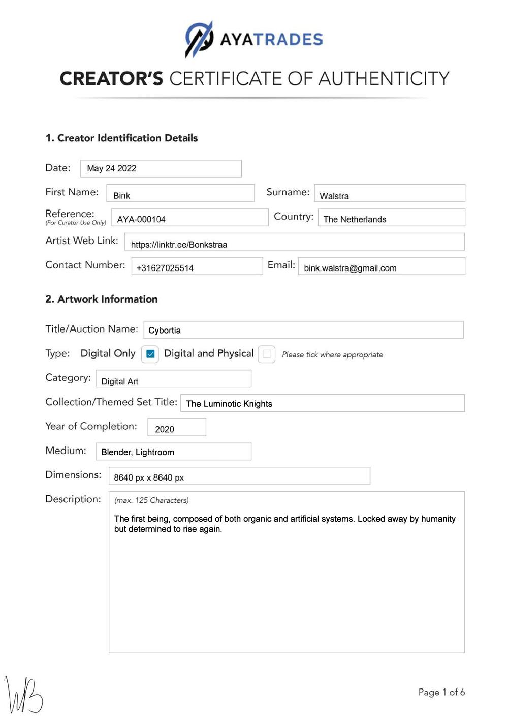 Certificate of Authenticity and Consignment - Cybortia