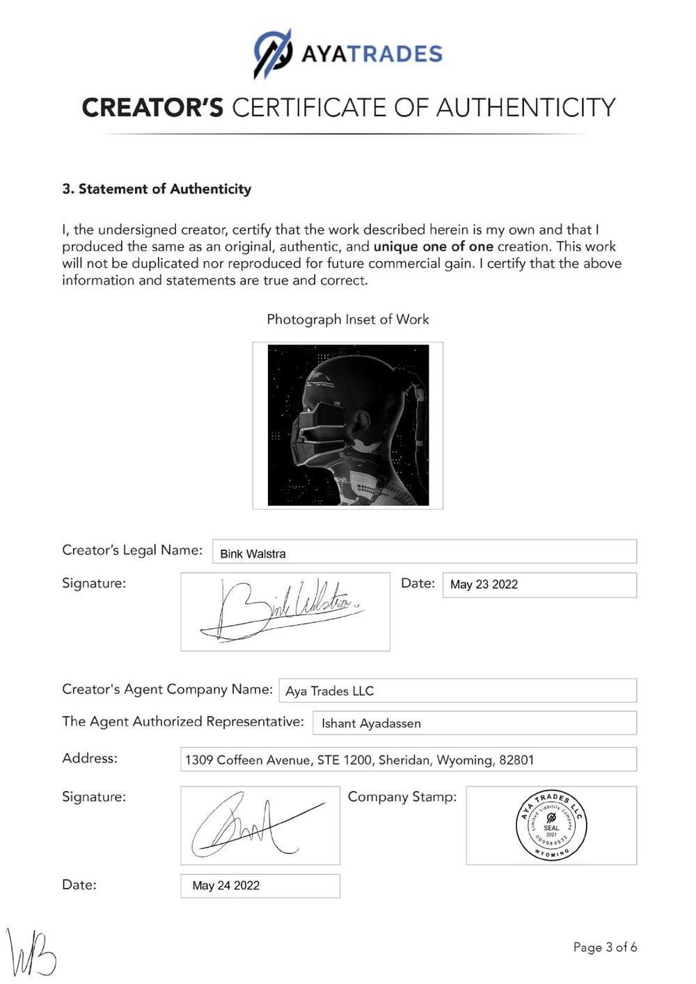 Certificate of Authenticity and Consignment - Cybortia