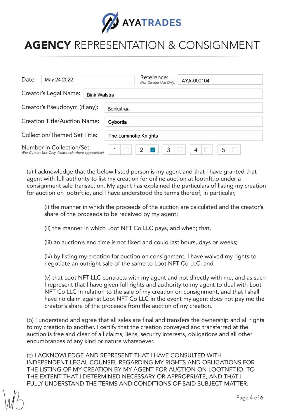 Certificate of Authenticity and Consignment - Cybortia