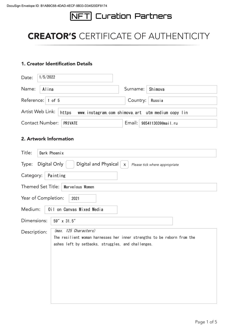 Certificate of Authenticity and Consignment - Dark Phoenix