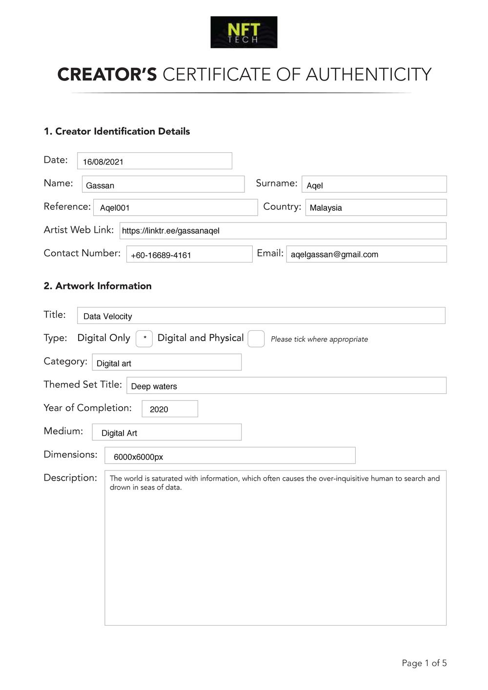 Certificate of Authenticity and Consignment Data Velocity