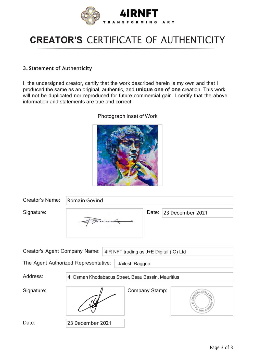 Certificate of Authenticity and Consignment - David