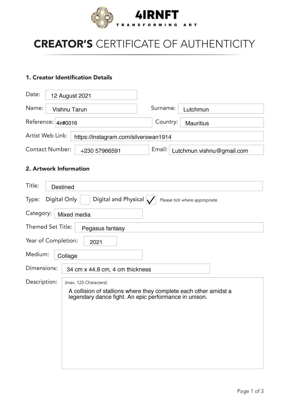 Certificate of Authenticity and Consignment Destined