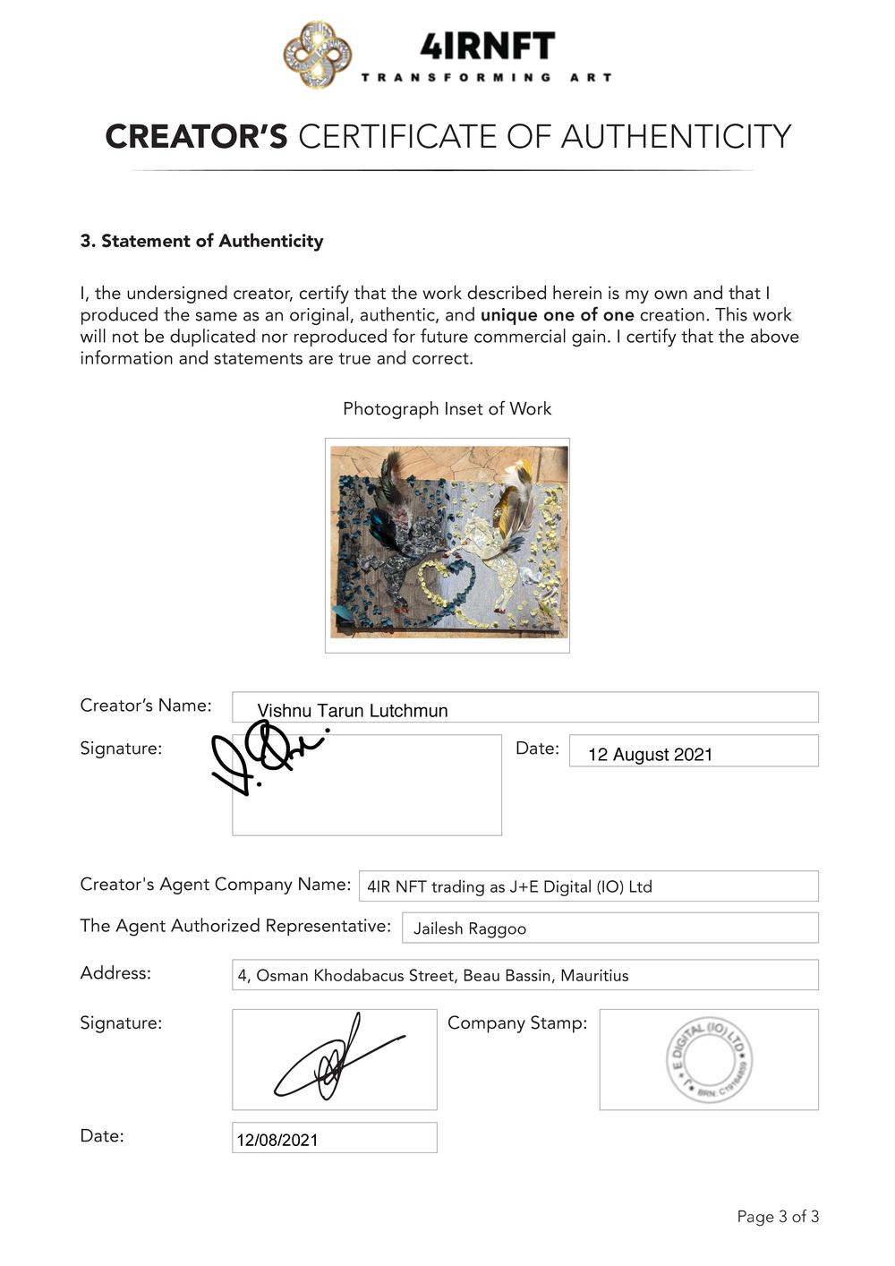 Certificate of Authenticity and Consignment Destined