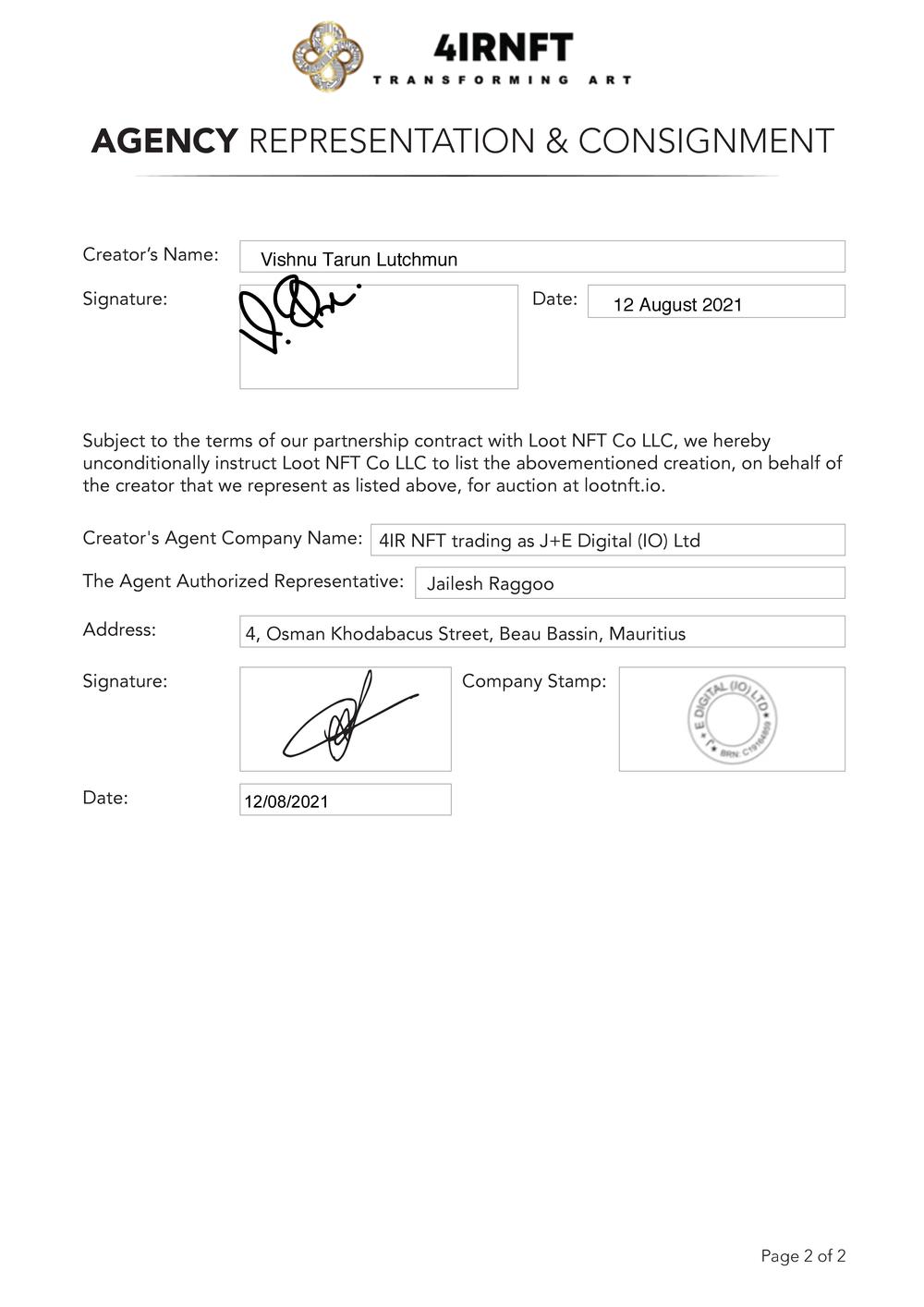 Certificate of Authenticity and Consignment Destined