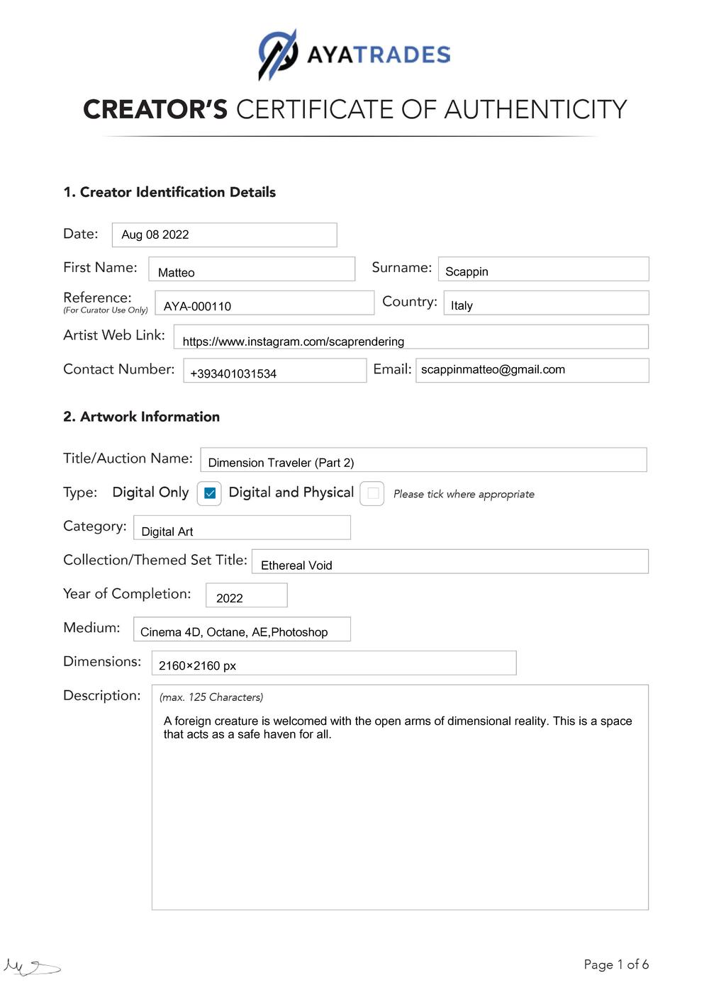 Certificate of Authenticity and Consignment - Dimension Traveler (Part 2)