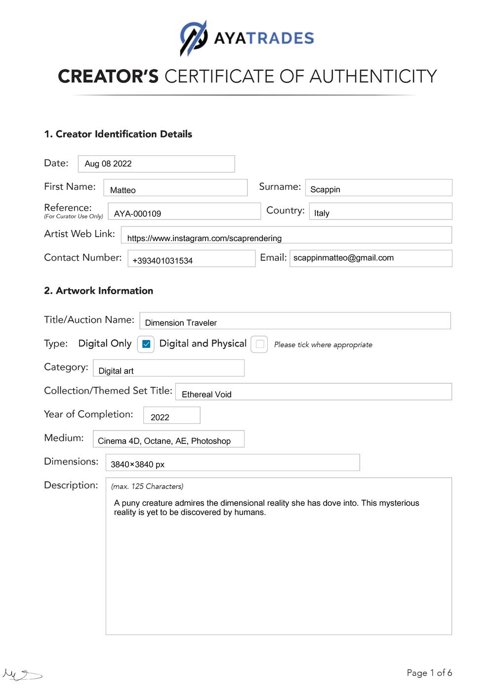 Certificate of Authenticity and Consignment - Dimension Traveler