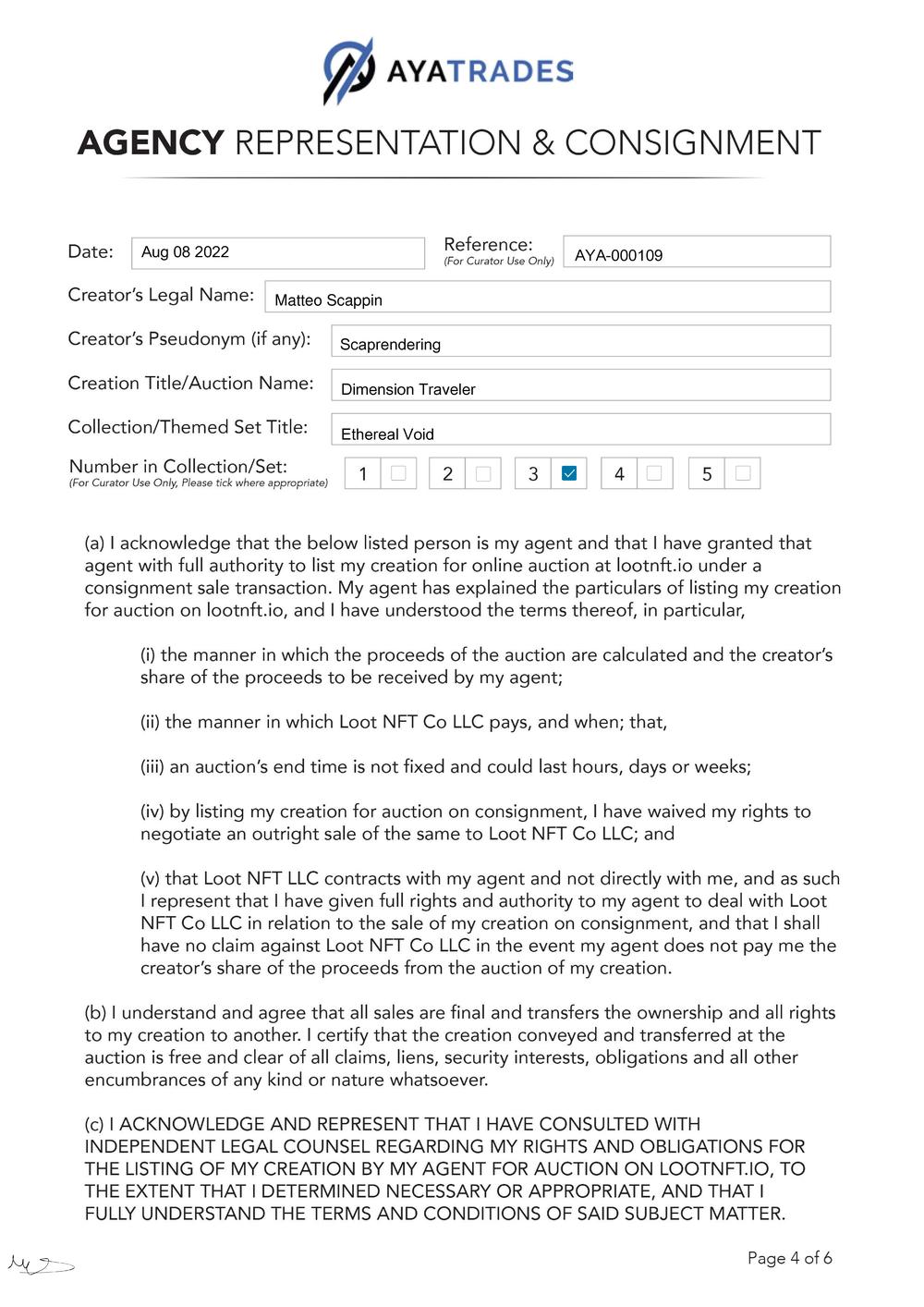 Certificate of Authenticity and Consignment - Dimension Traveler