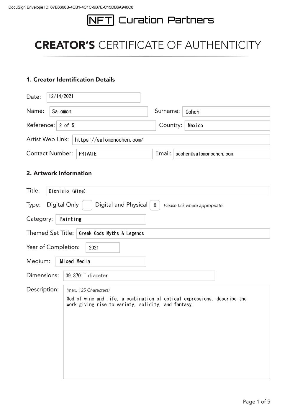Certificate of Authenticity and Consignment - Dionisio