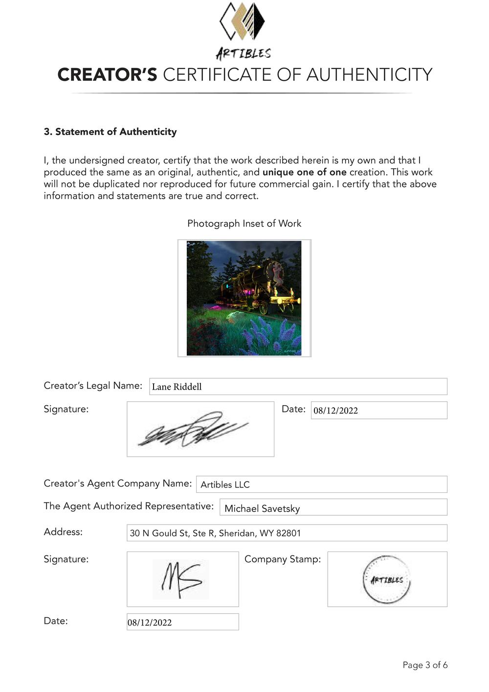 Certificate of Authenticity and Consignment - Divine Transport