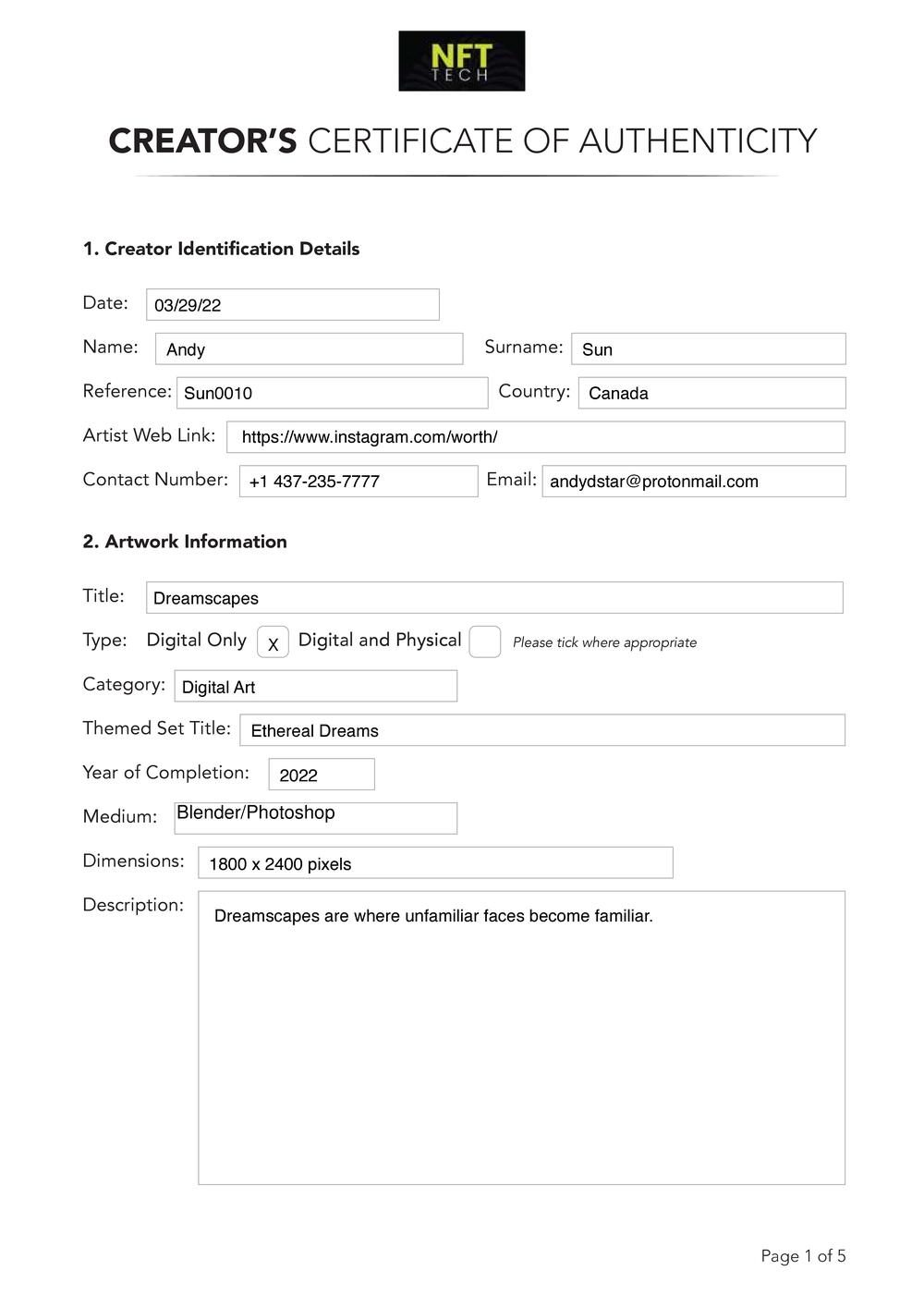 Certificate of Authenticity and Consignment - Dreamscapes