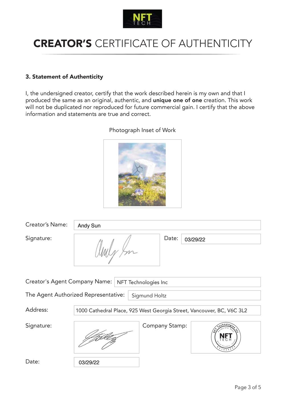 Certificate of Authenticity and Consignment - Dreamscapes