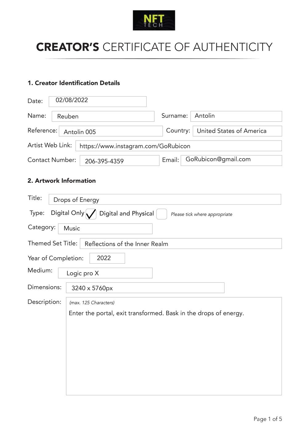 Certificate of Authenticity and Consignment - Drops of Energy