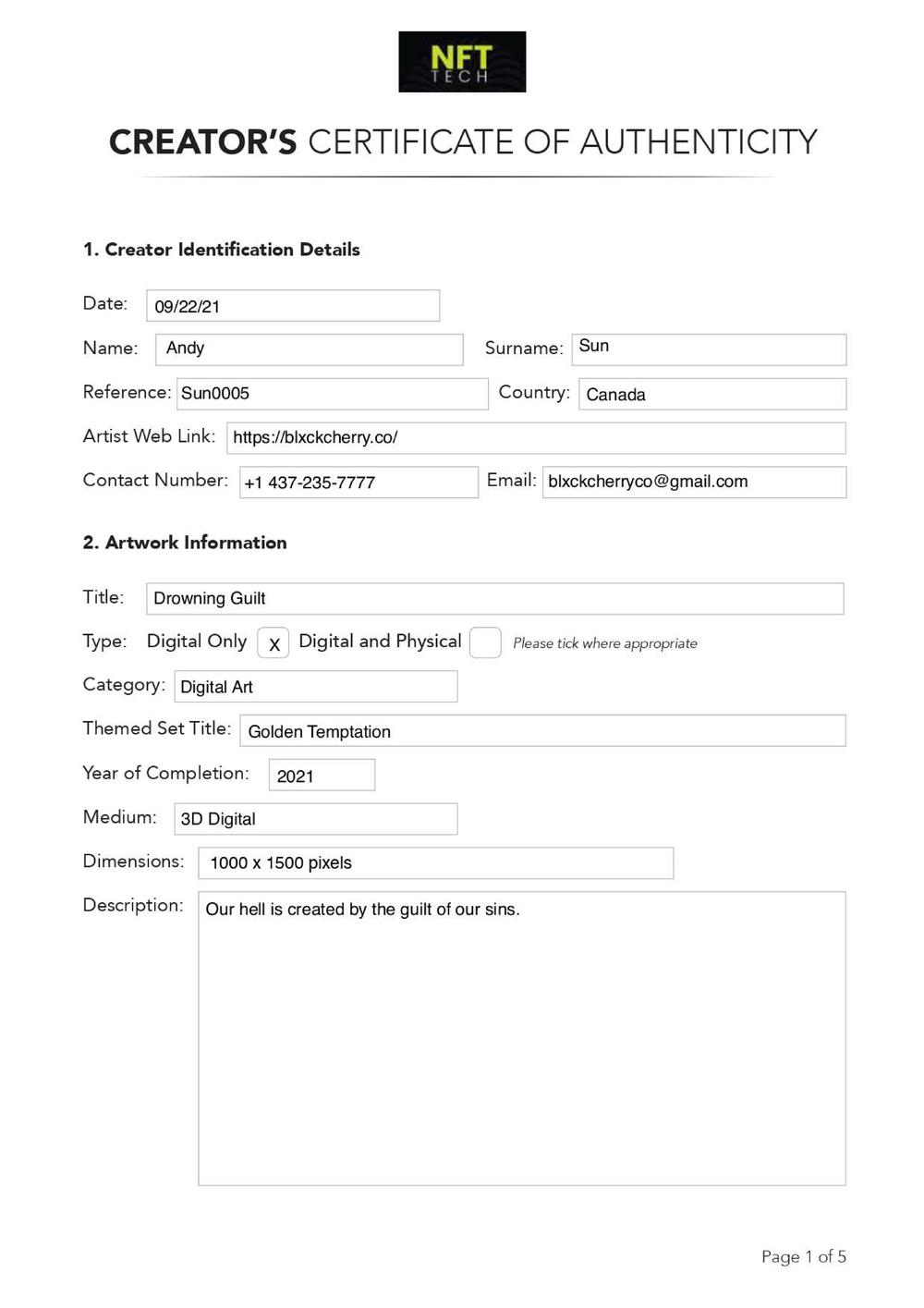 Certificate of Authenticity and Consignment - Drowning Guilt