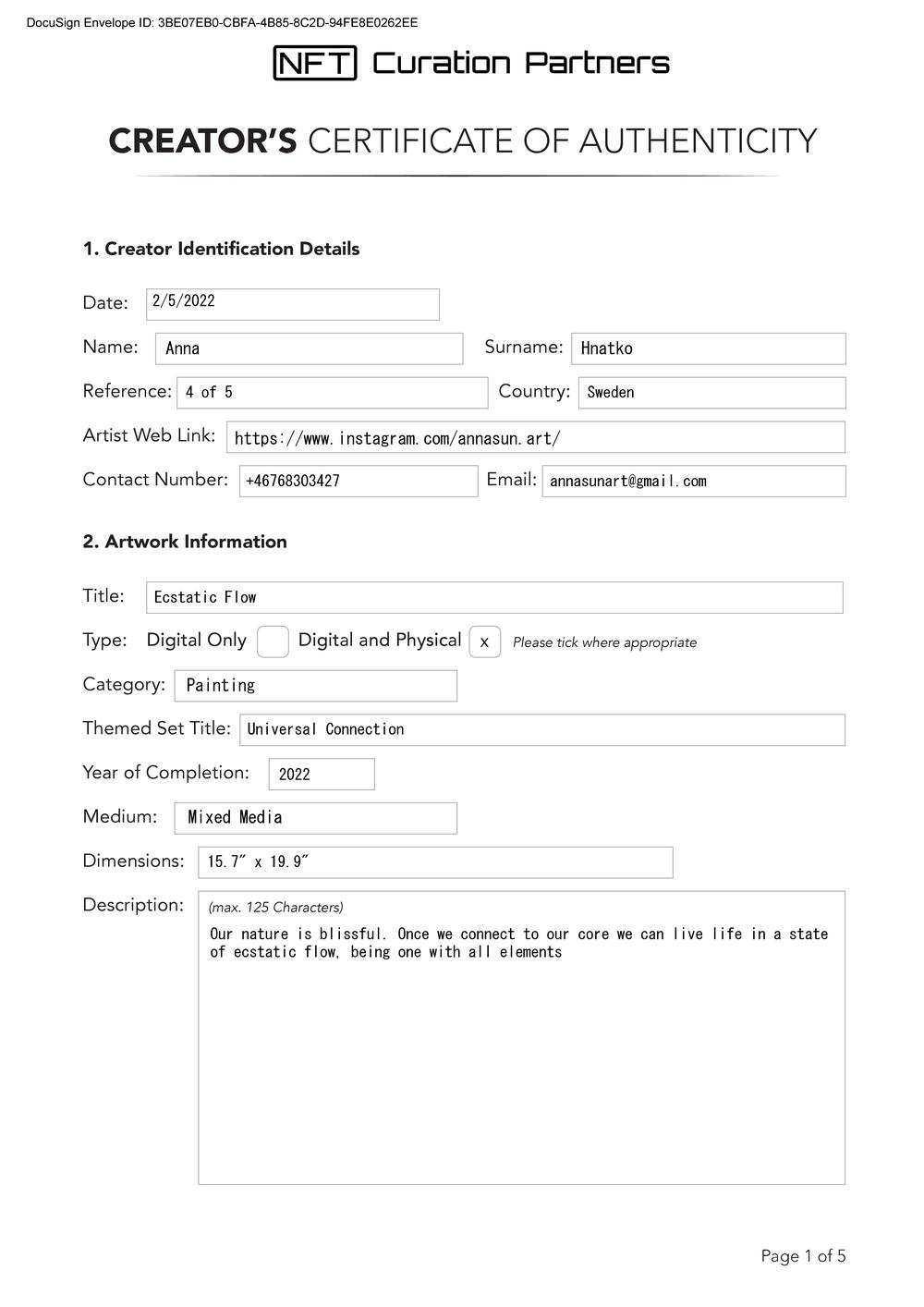 Certificate of Authenticity and Consignment - Ecstatic Flow