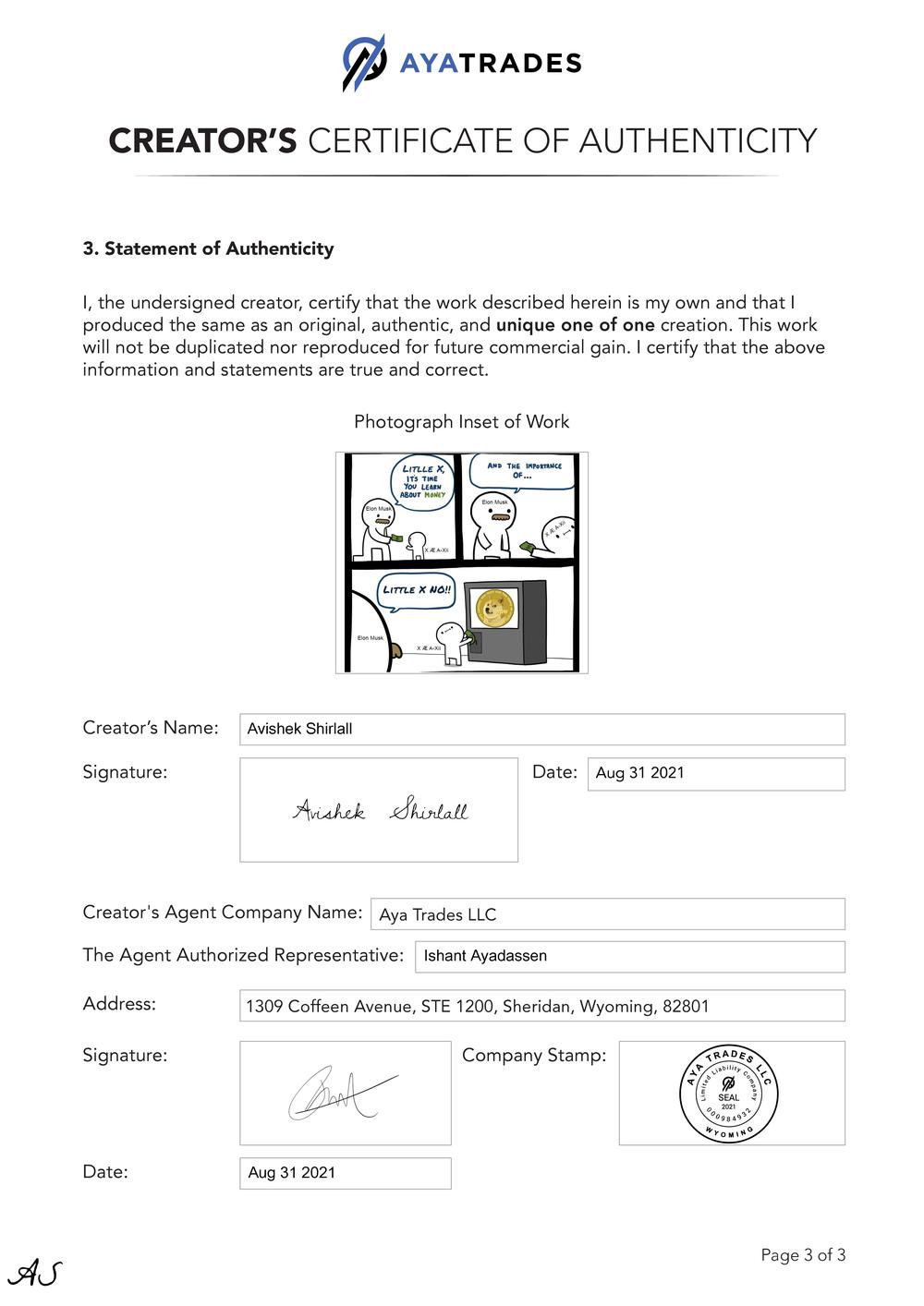Certificate of Authenticity and Consignment Elons Acknowledgement