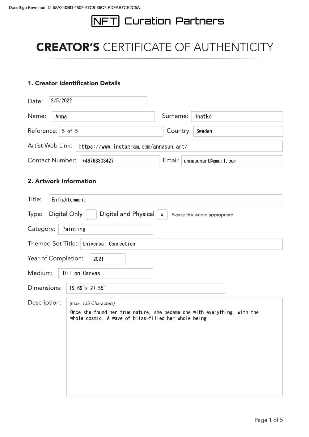 Certificate of Authenticity and Consignment - Enlightenment