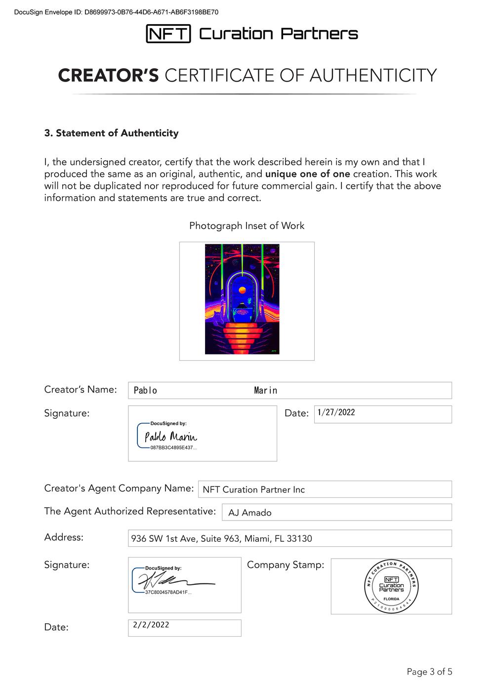 Certificate of Authenticity and Consignment - Entrada Quantanima