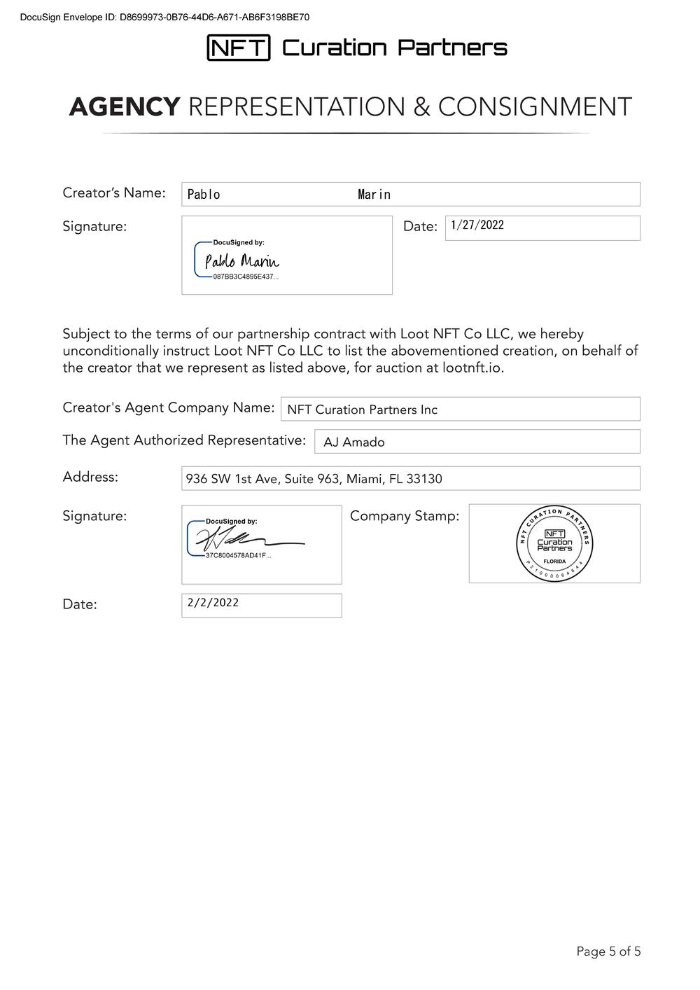 Certificate of Authenticity and Consignment - Entrada Quantanima