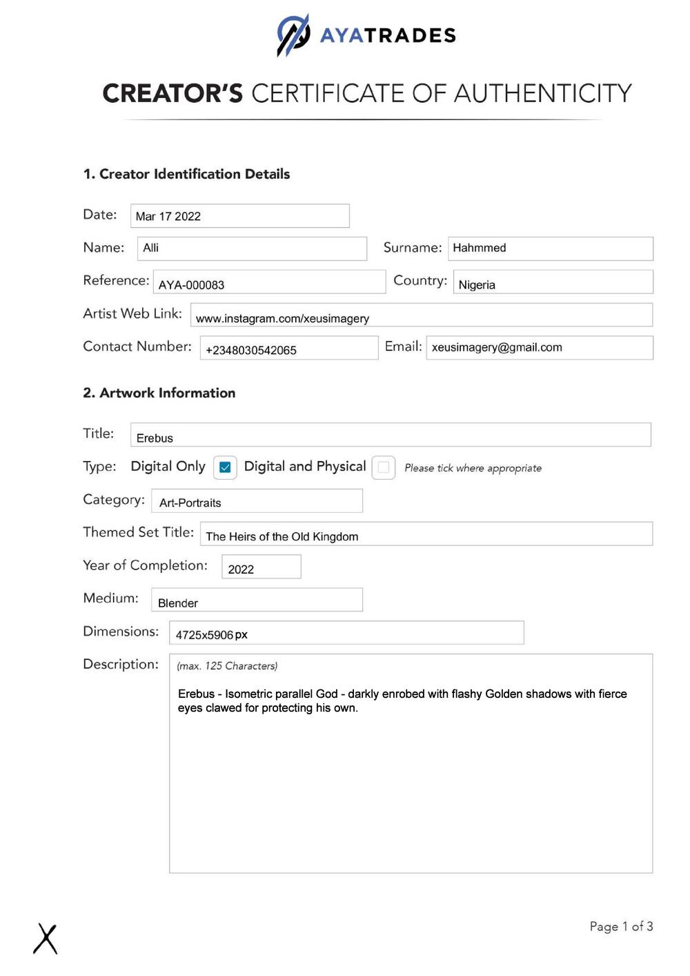 Certificate of Authenticity and Consignment - Erebus