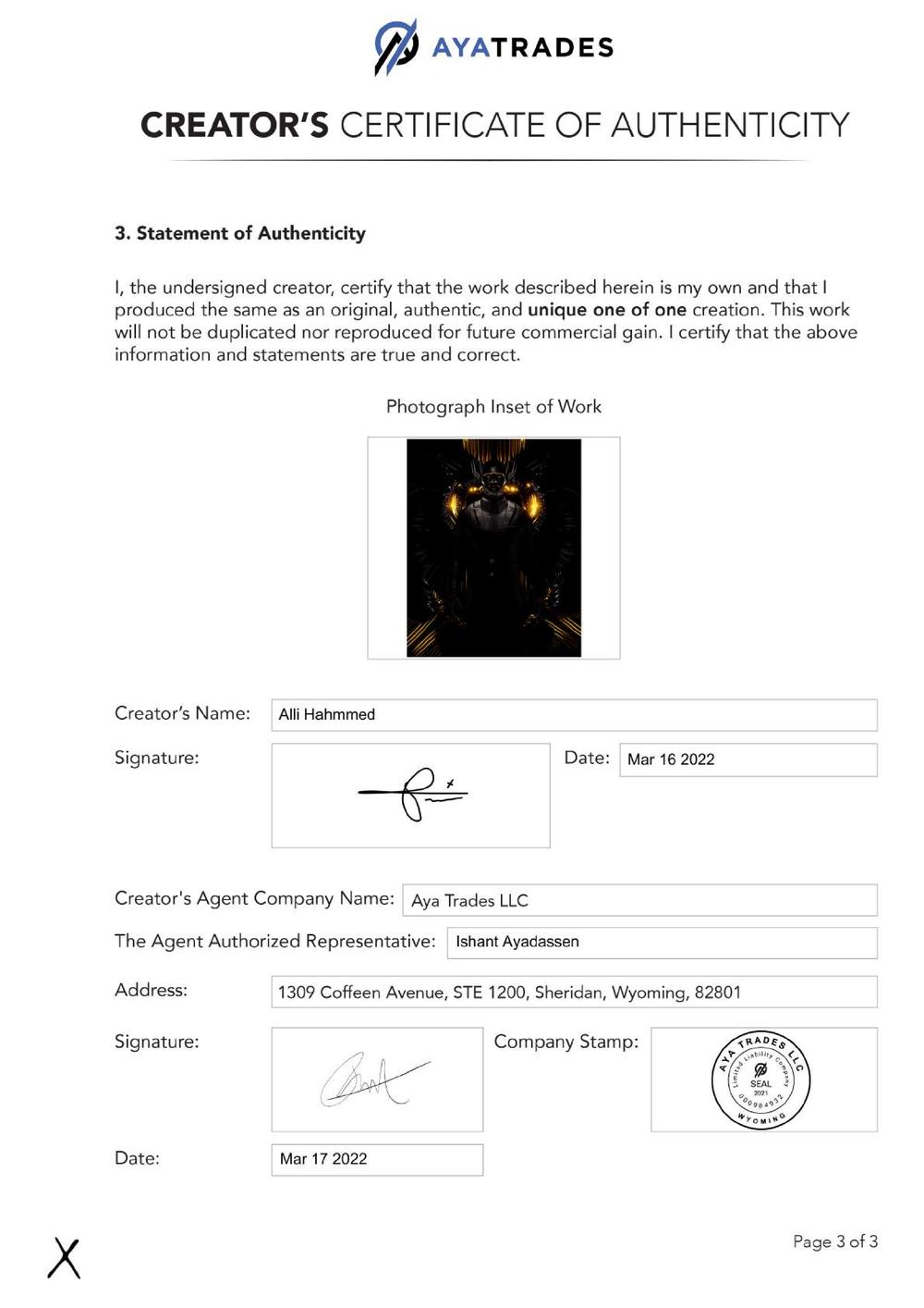Certificate of Authenticity and Consignment - Erebus