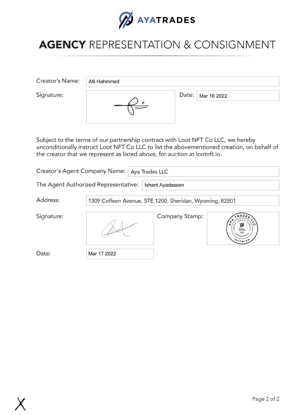 Certificate of Authenticity and Consignment - Erebus